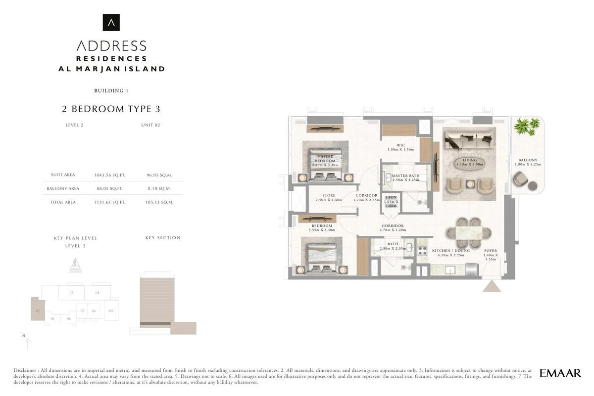 Address Residences Al Marjan Island 2-bedroom Type 3 apartment Level 2 floor plan in Building 1, 1,131.61 sq ft.