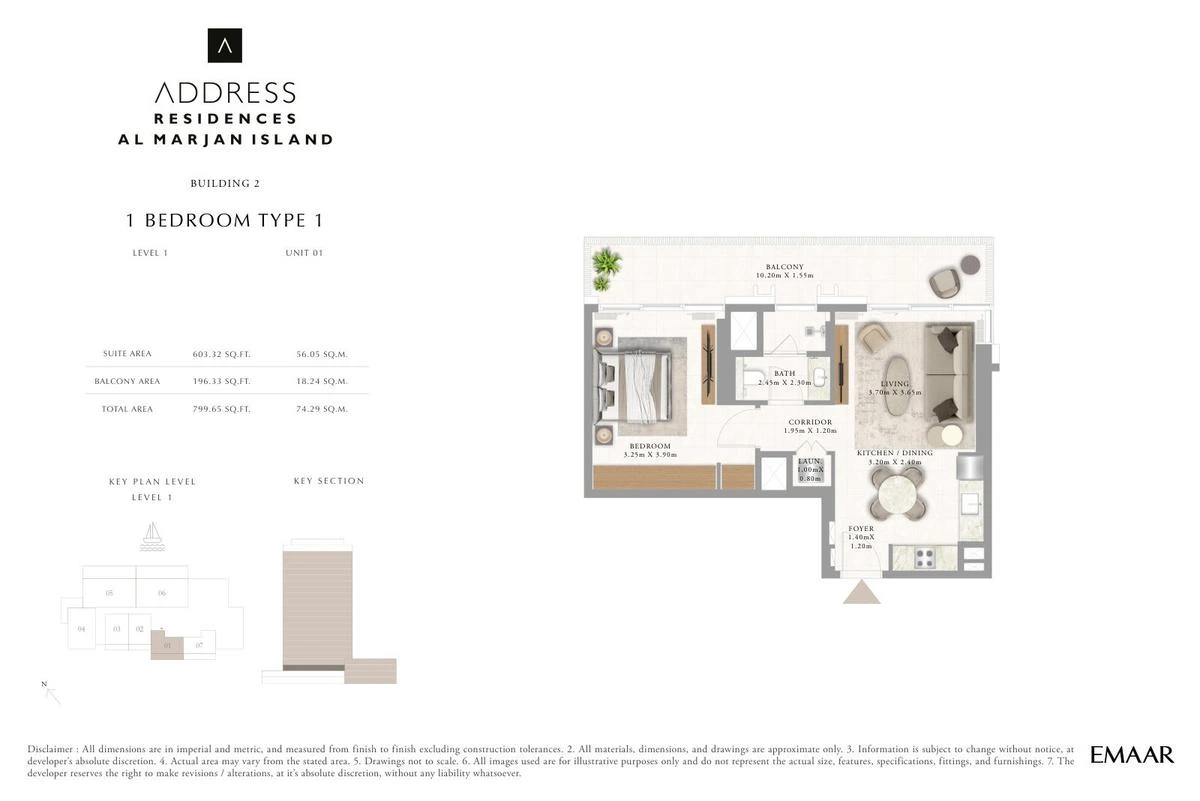 Address Residences Al Marjan Island 1-bedroom Type 1 apartment Level 1 floor plan in Building 2, 799.65 sq ft.