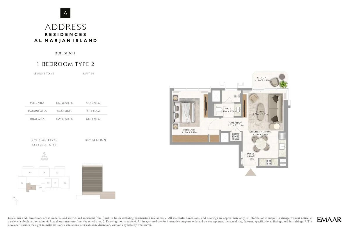 Address Residences Al Marjan Island 1-bedroom Type 2 apartment Level 3 to 16 floor plan in Building 1, 659.93 sq ft.