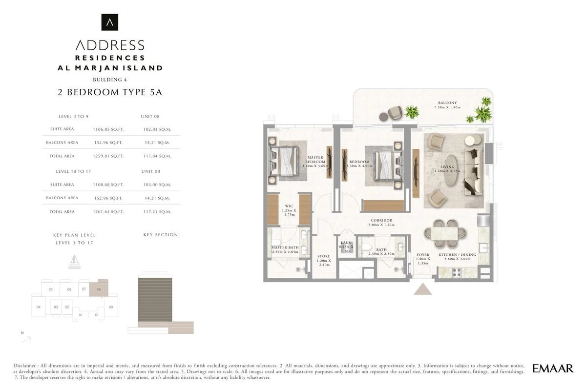 Address Residences Al Marjan Island 2-bedroom Type 5A apartment Levels 3 to 9 and 10 to 17 floor plan in Building 4, 1,259.81-1,261.64 sq ft.