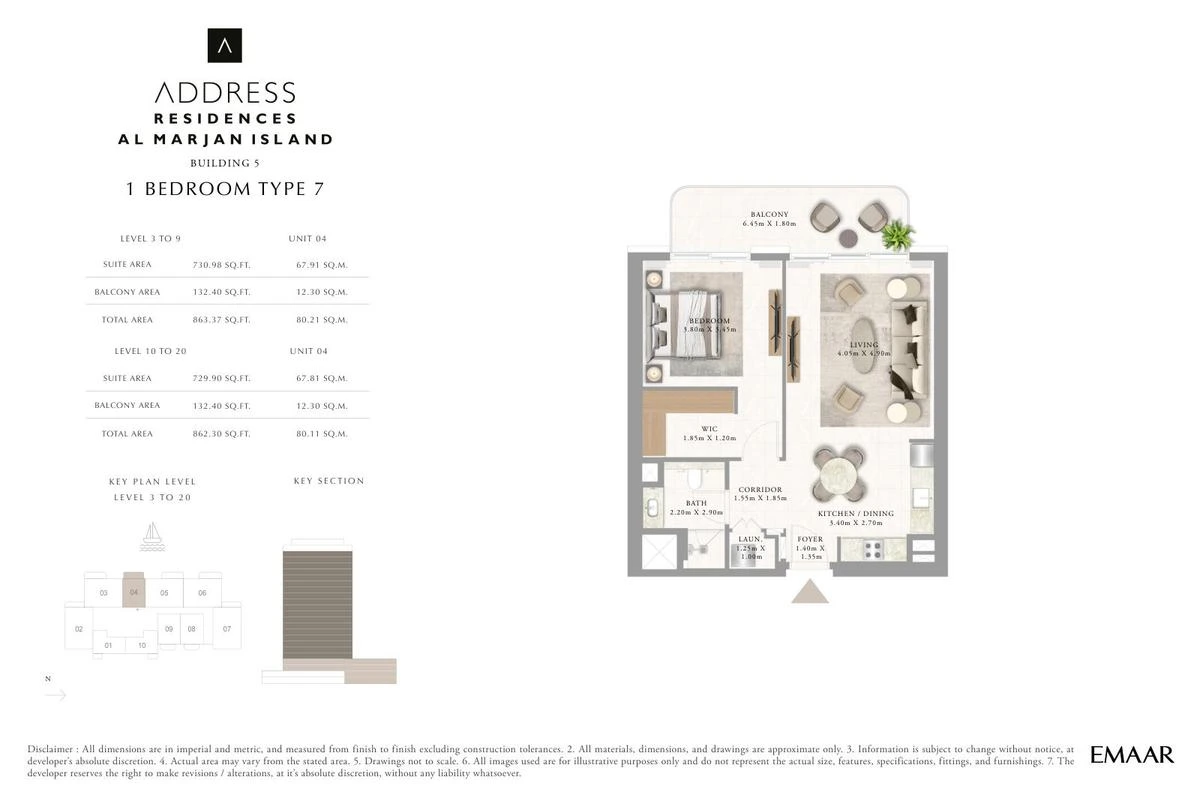 Address Residences Al Marjan Island 1-bedroom Type 7 apartment Levels 3 to 9 and 10 to 20 floor plan in Building 5, 862.30-863.37 sq ft.
