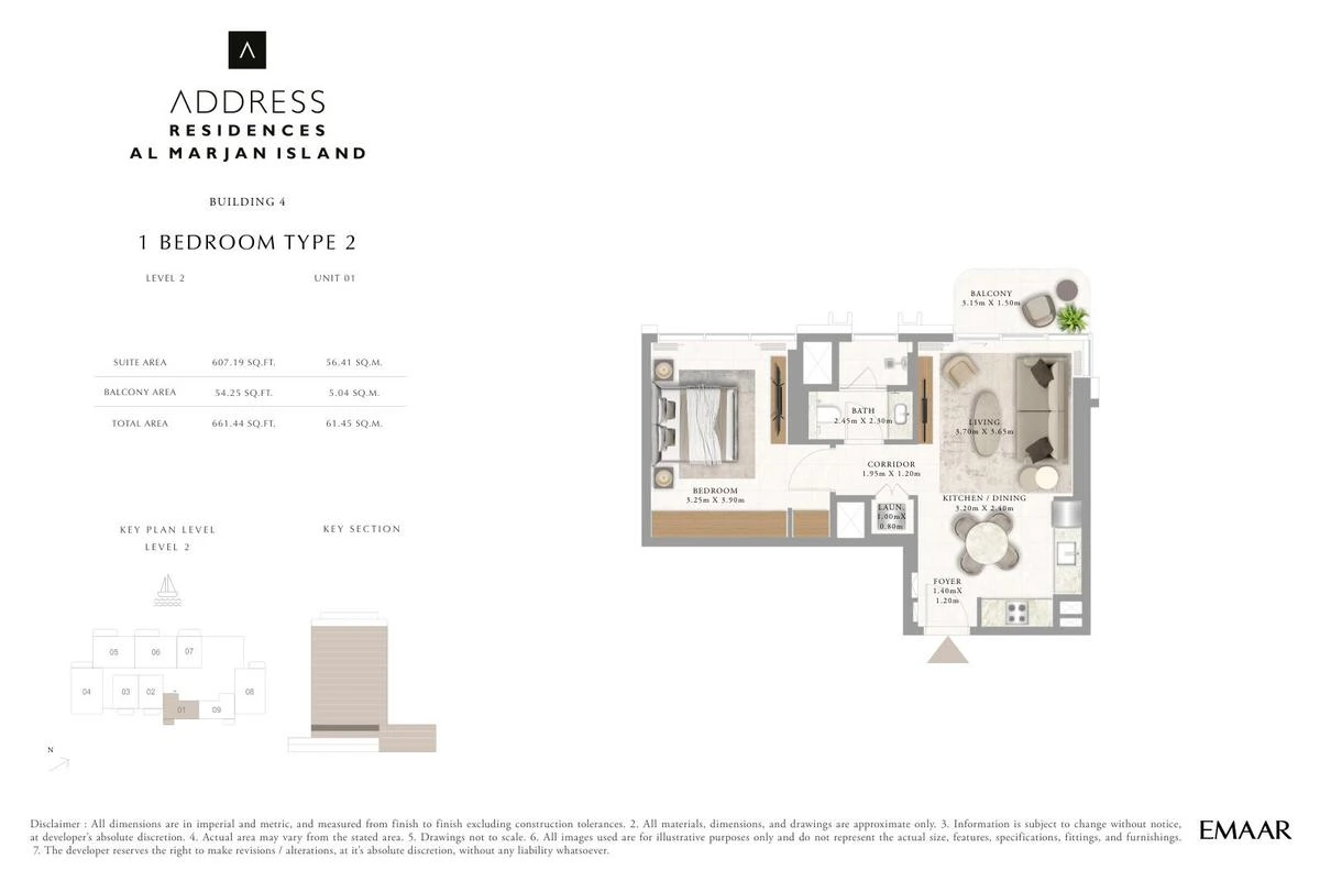 Address Residences Al Marjan Island 1-bedroom Type 2 apartment Level 2 floor plan in Building 4, 661.44 sq ft.