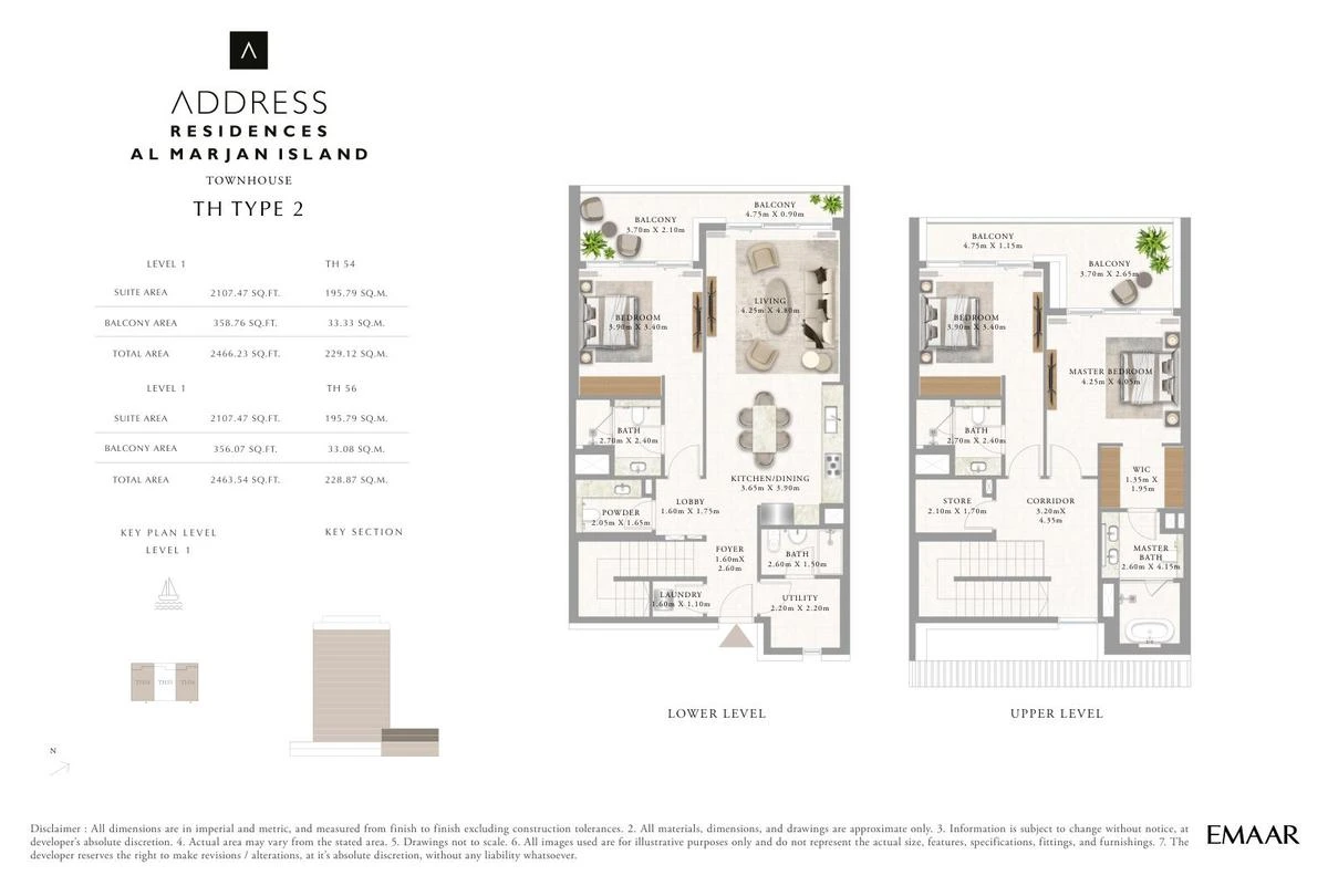 Address Residences Al Marjan Island 3-bedroom Type 2 townhouse floor plan for Townhouses C TH54 and TH56, Ground and First Floors, 2,463.54-2,466.23 sq ft.