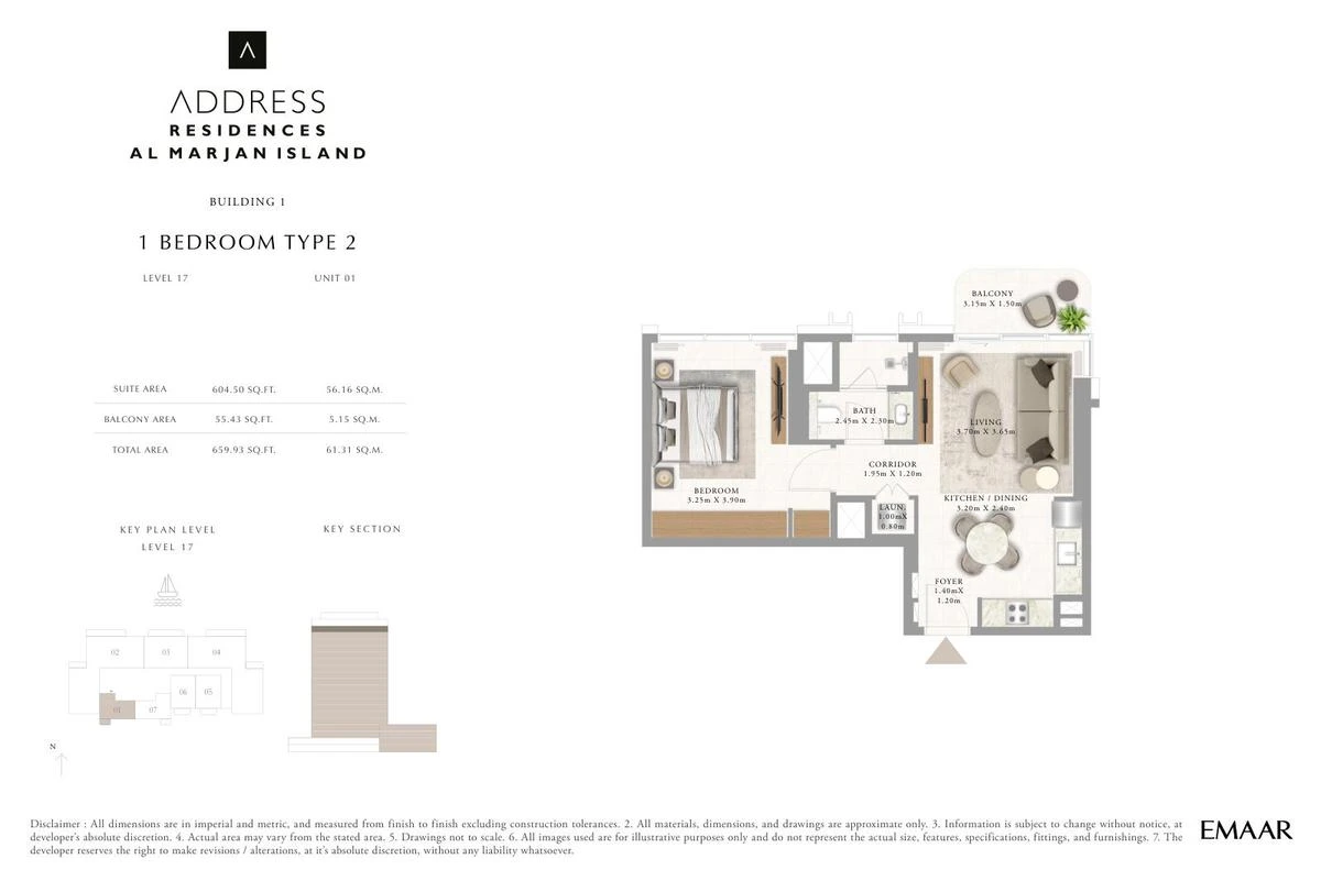 Address Residences Al Marjan Island 1-bedroom Type 2 apartment Level 17 floor plan in Building 1, 659.93 sq ft.