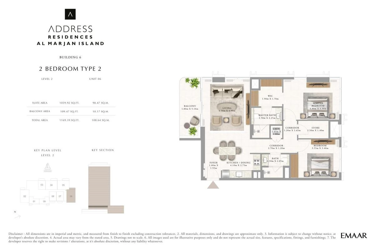 Address Residences Al Marjan Island 2-bedroom Type 2 apartment Level 2 floor plan in Building 6, 1,169.39 sq ft.