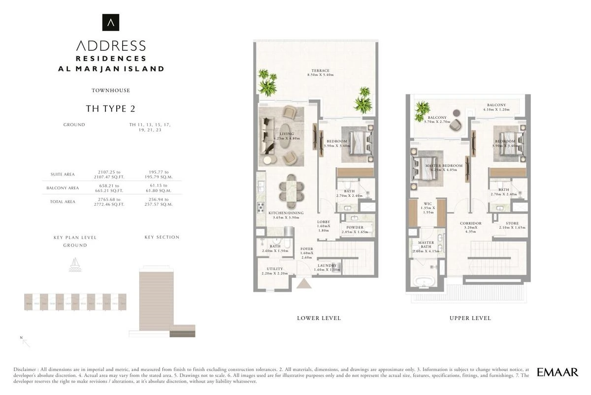 Address Residences Al Marjan Island 3-bedroom Type 2 townhouse floor plan for Townhouses B TH11, TH13, TH15, TH17, TH19, TH21 and TH23, Ground and First Floors, 2,765.68-2,772.46 sq ft.