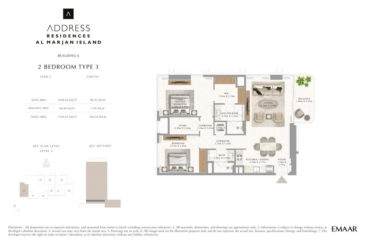 Address Residences Al Marjan Island 2-bedroom Type 3 apartment Level 2 floor plan in Building 6, 1,144.63 sq ft.