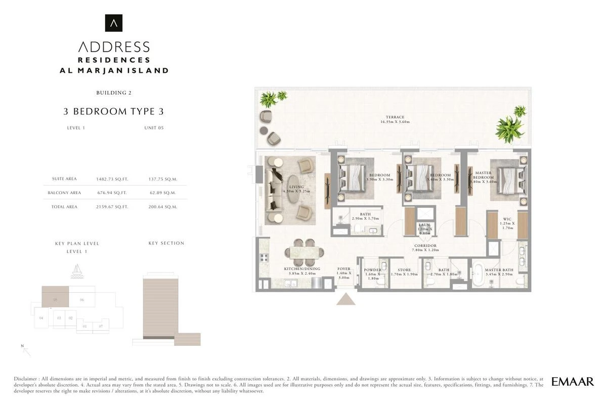 Address Residences Al Marjan Island 3-bedroom Type 3 apartment Level 1 floor plan in Building 2, 2,159.67 sq ft.