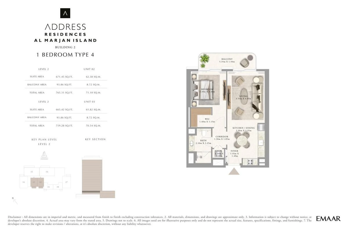Address Residences Al Marjan Island 1-bedroom Type 4 apartment Level 2 floor plan in Building 2, 759.28-765.31 sq ft.
