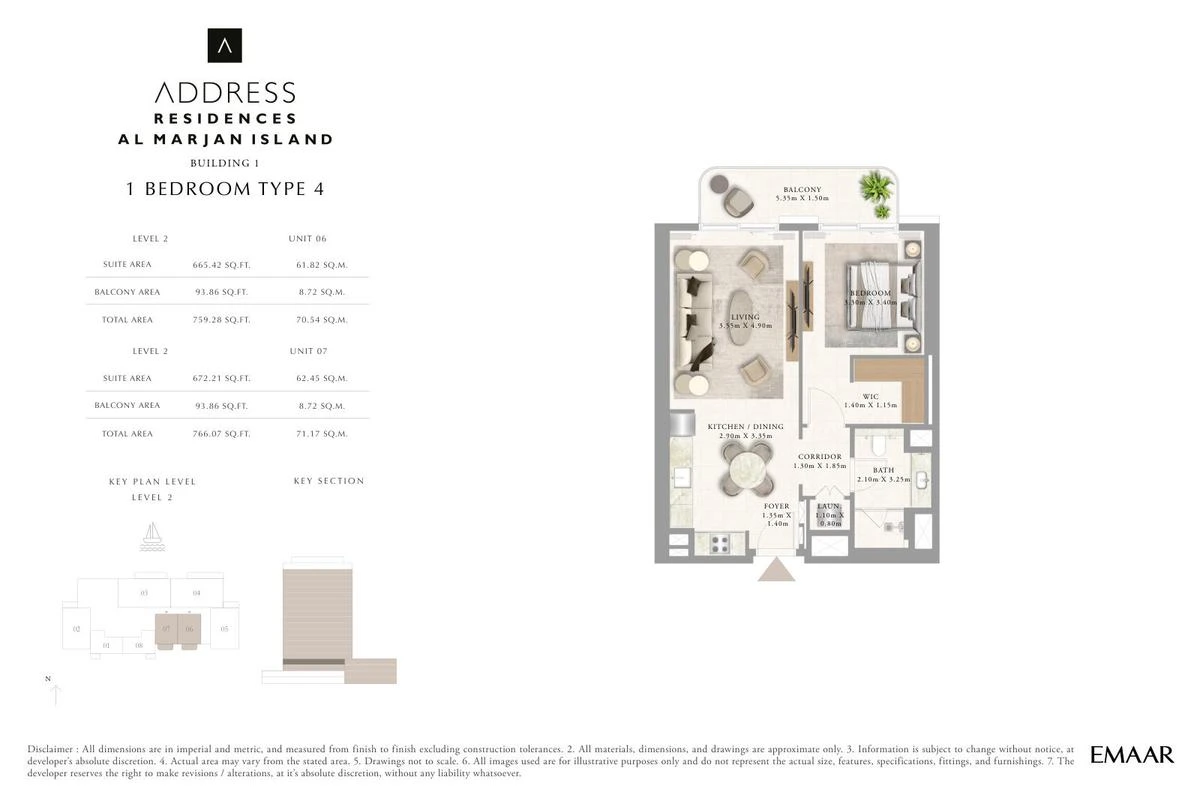Address Residences Al Marjan Island 1-bedroom Type 4 apartment Level 2 floor plan in Building 1, 759.28-766.07 sq ft.