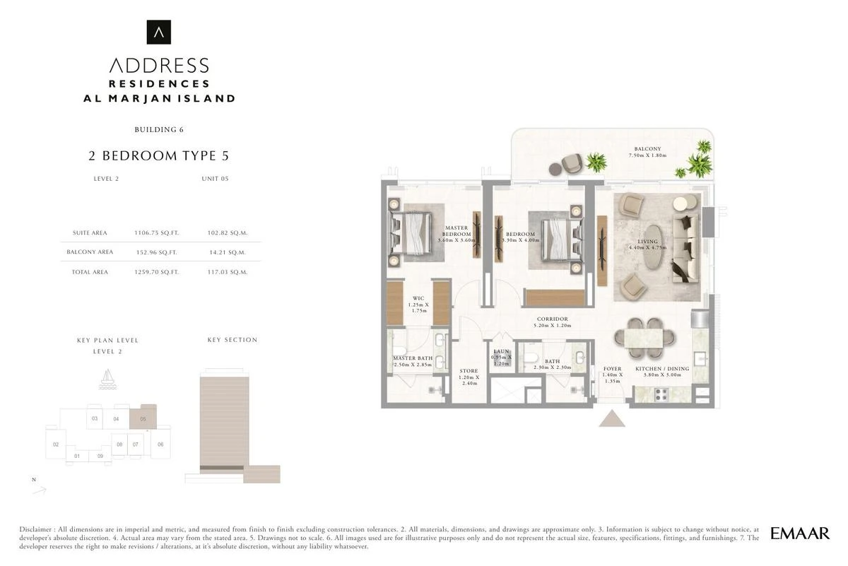 Address Residences Al Marjan Island 2-bedroom Type 5 apartment Level 2 floor plan in Building 6, 1,259.70 sq ft.