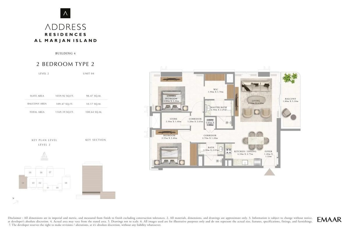 Address Residences Al Marjan Island 2-bedroom Type 2 apartment Level 2 floor plan in Building 4, 1,169.39 sq ft.