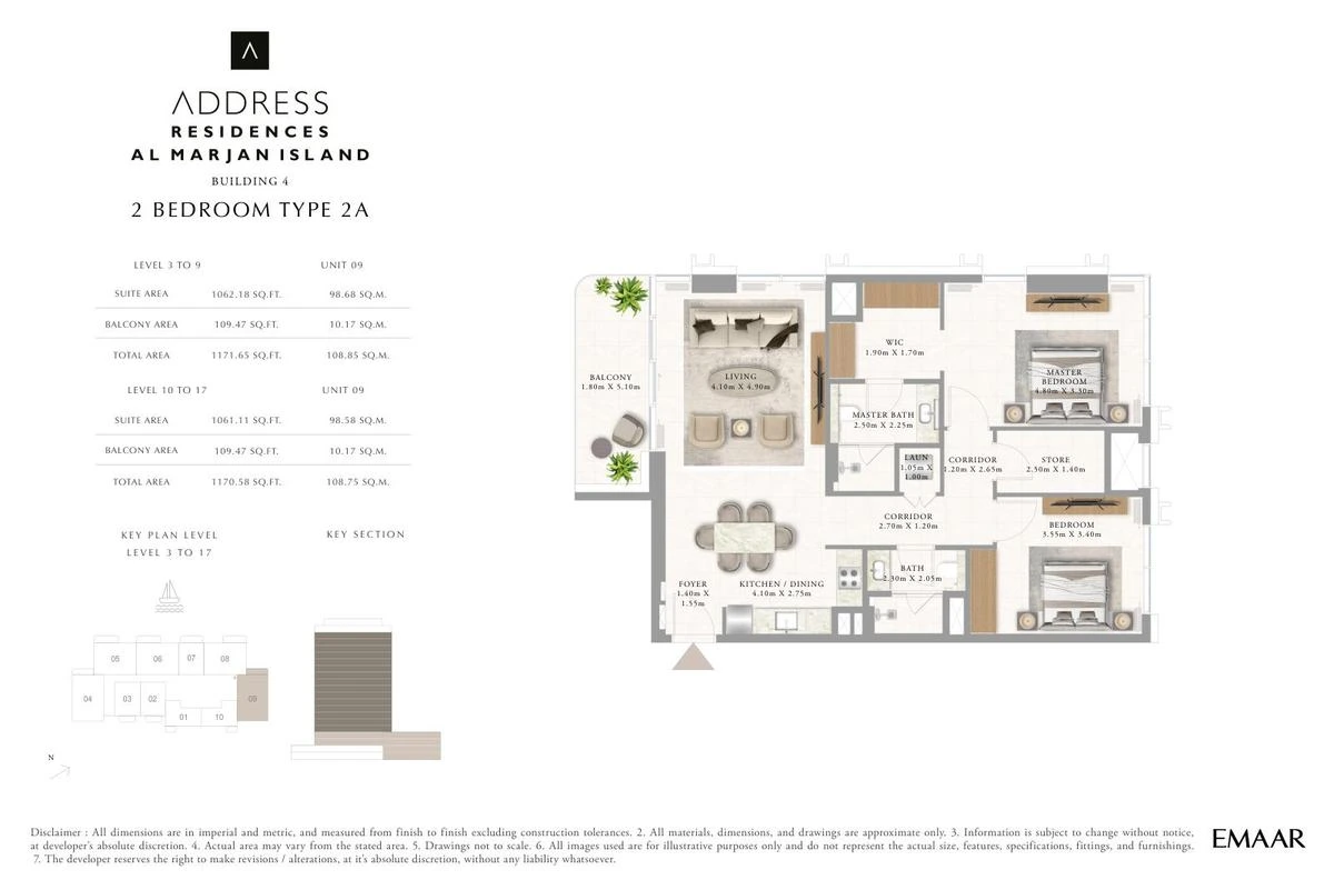 Address Residences Al Marjan Island 2-bedroom Type 2A apartment Levels 3 to 9 and 10 to 17 floor plan in Building 4, 1,170.58-1,171.65 sq ft.