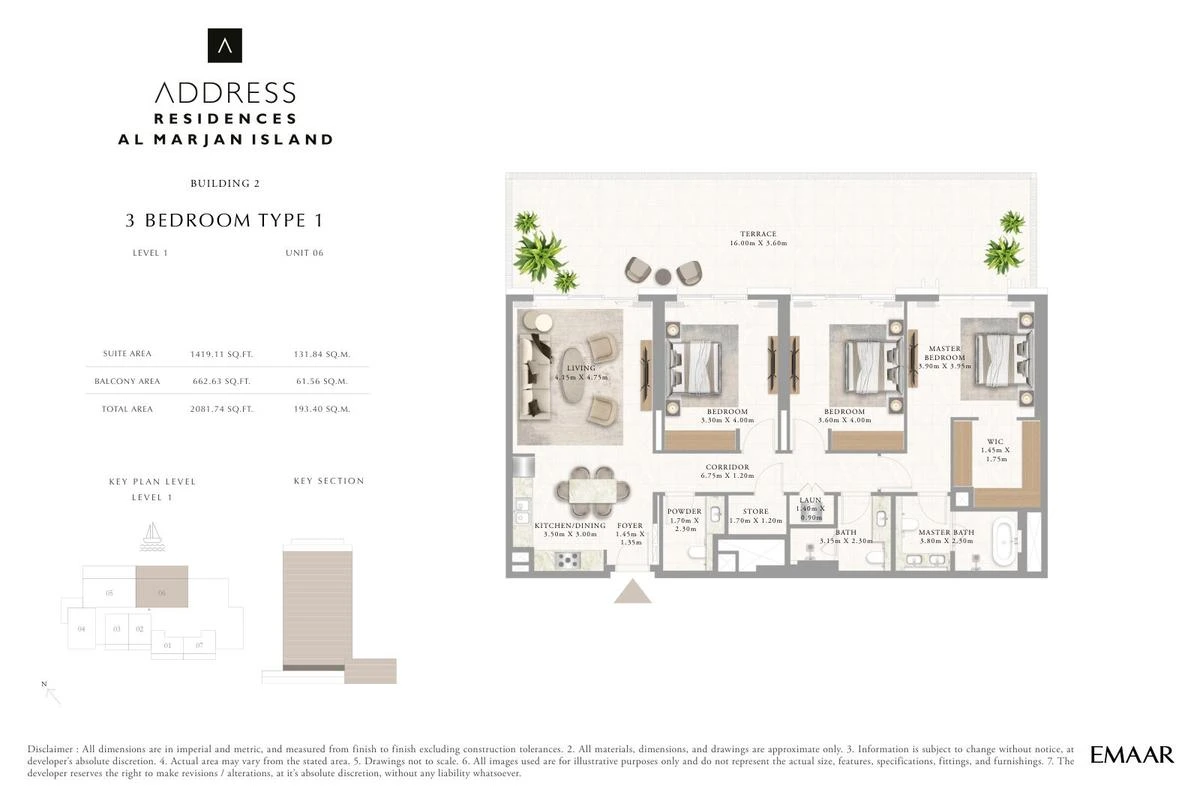 Address Residences Al Marjan Island 3-bedroom Type 1 apartment Level 1 floor plan in Building 2, 2,081.74 sq ft.