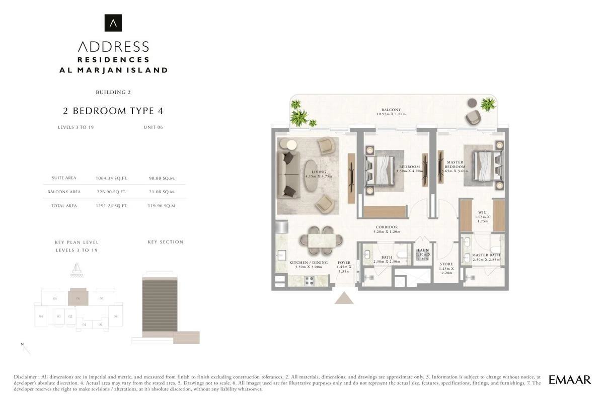 Address Residences Al Marjan Island 2-bedroom Type 4 apartment Level 3 to 19 floor plan in Building 2, 1,291.24 sq ft.