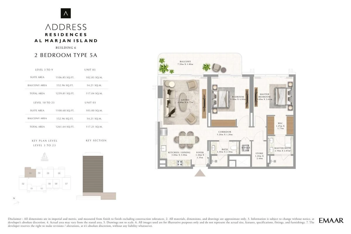 Address Residences Al Marjan Island 2-bedroom Type 5A apartment Levels 3 to 9 and 10 to 23 floor plan in Building 6, 1,259.81-1,261.64 sq ft.