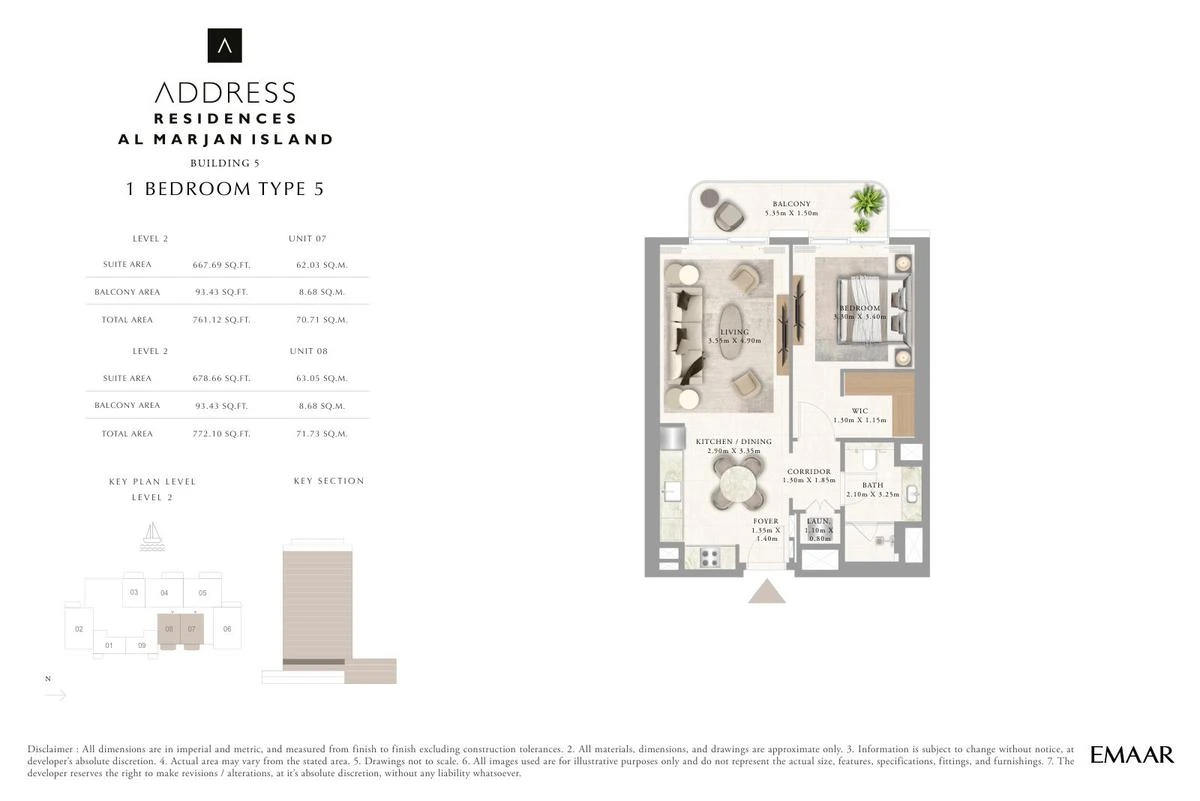 Address Residences Al Marjan Island 1-bedroom Type 5 apartment Level 2 floor plan in Building 5, 761.12-772.10 sq ft.