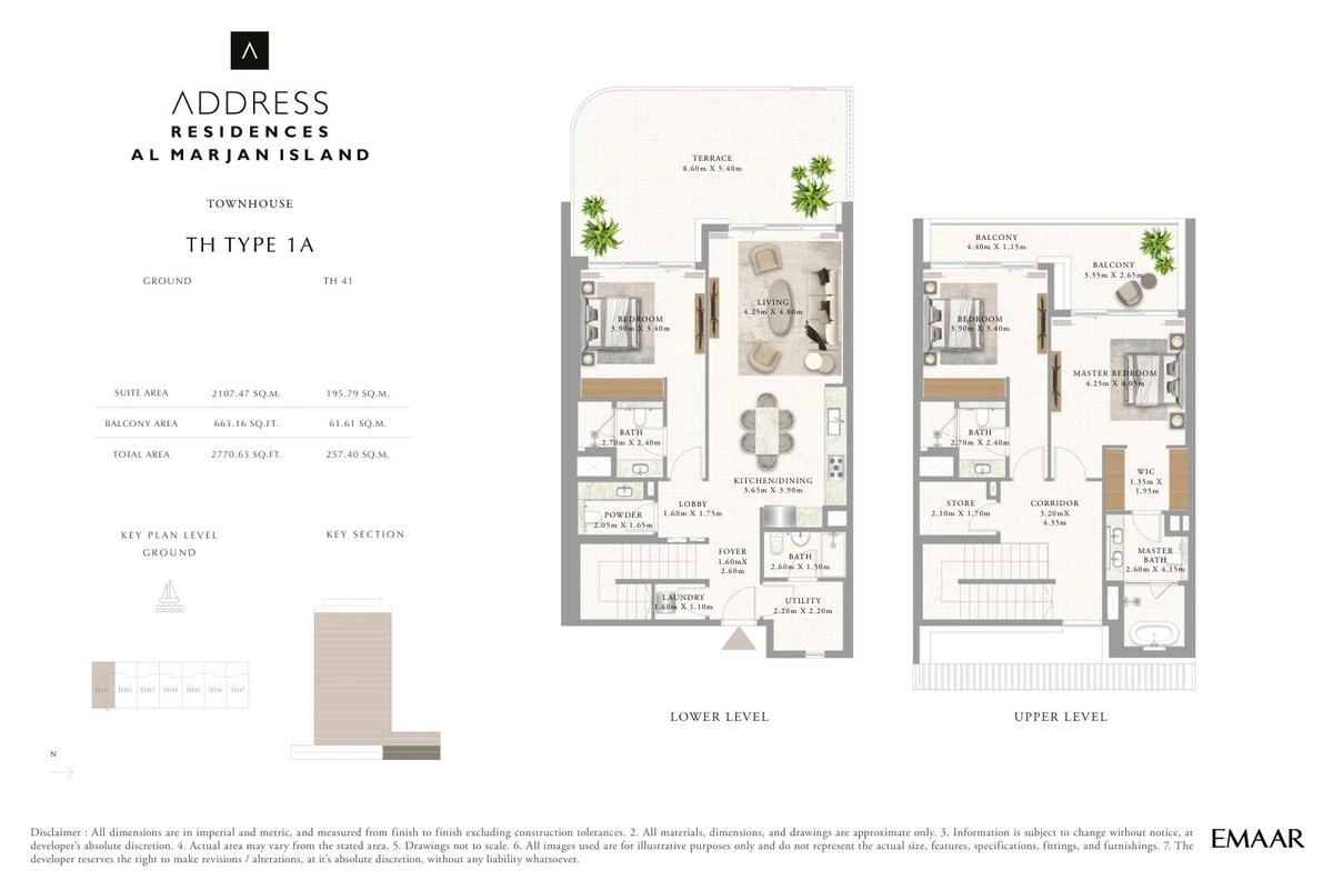Address Residences Al Marjan Island 3-bedroom Type 1A townhouse floor plan for Townhouses D TH41, Ground and First Floors, 2,770.63 sq ft.