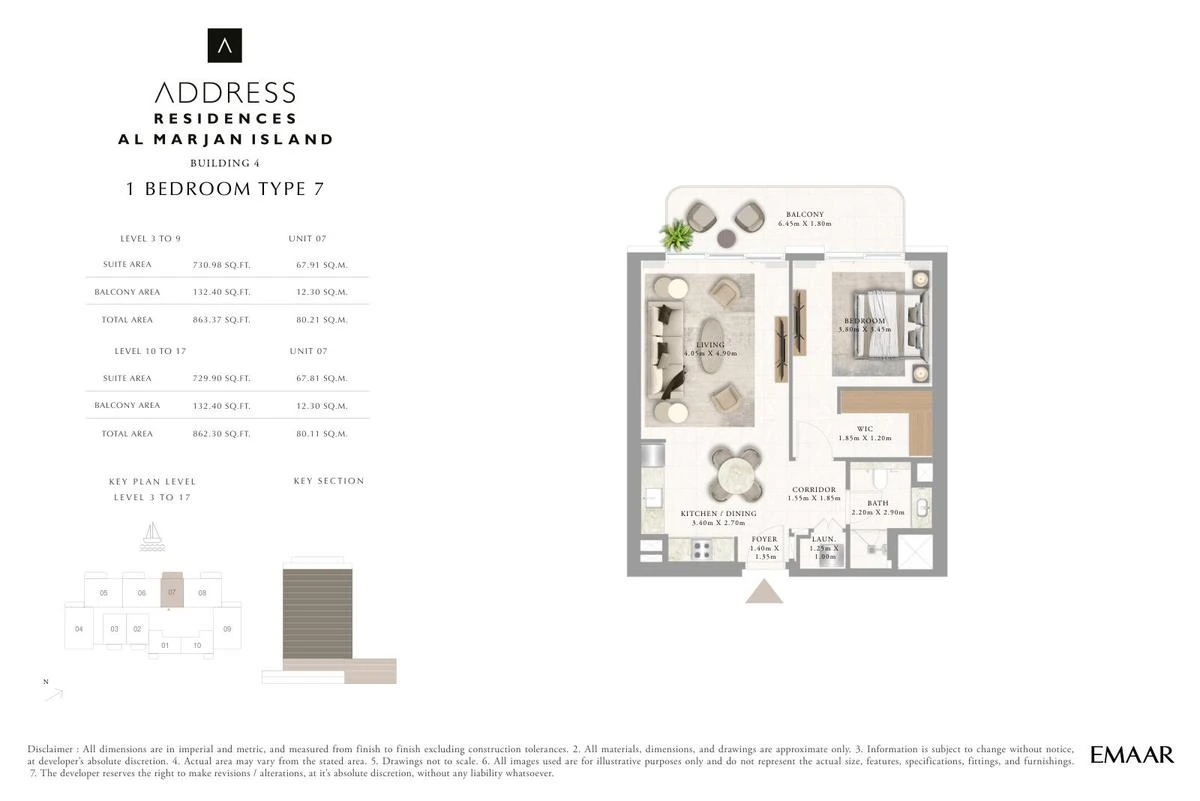 Address Residences Al Marjan Island 1-bedroom Type 7 apartment Levels 3 to 9 and 10 to 17 floor plan in Building 4, 862.30-863.37 sq ft.