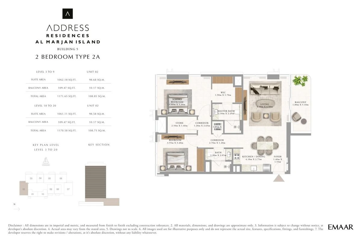 Address Residences Al Marjan Island 2-bedroom Type 2A apartment Levels 3 to 9 and 10 to 20 floor plan in Building 5, 1,170.58-1,171.65 sq ft.