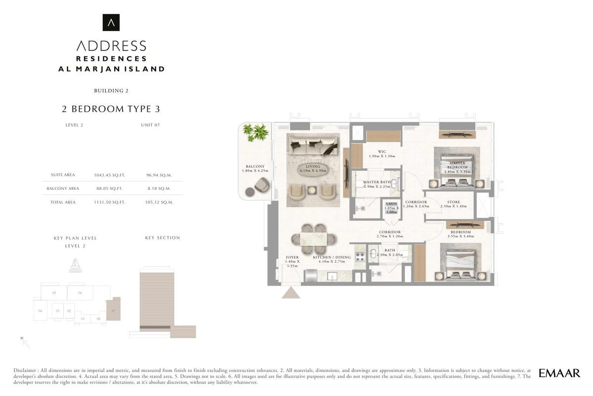 Address Residences Al Marjan Island 2-bedroom Type 3 apartment Level 2 floor plan in Building 2, 1,131.50 sq ft.