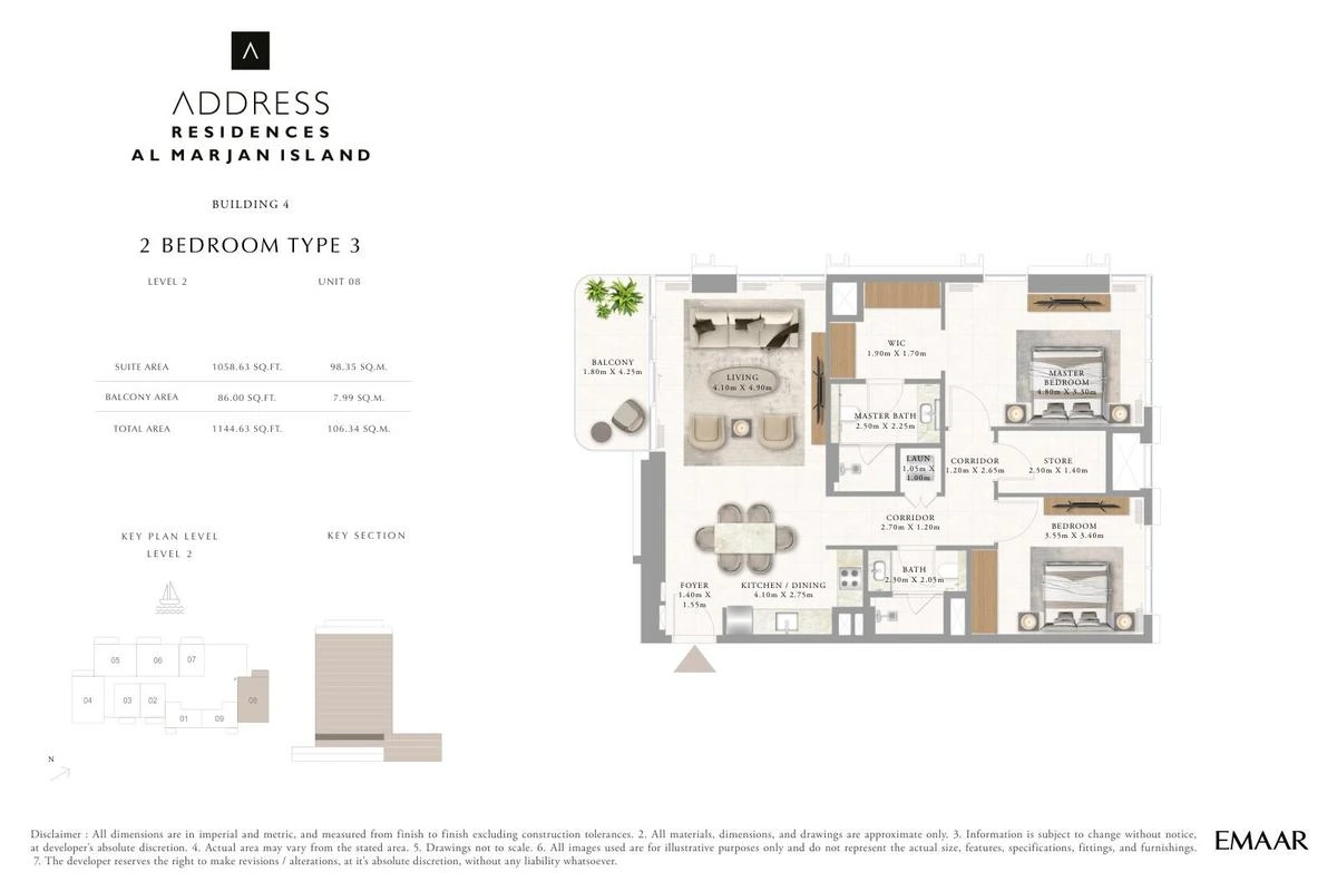 Address Residences Al Marjan Island 2-bedroom Type 3 apartment Level 2 floor plan in Building 4, 1,144.63 sq ft.