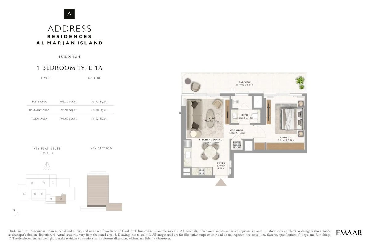 Address Residences Al Marjan Island 1-bedroom Type 1A apartment Level 1 floor plan in Building 4, 795.67 sq ft.