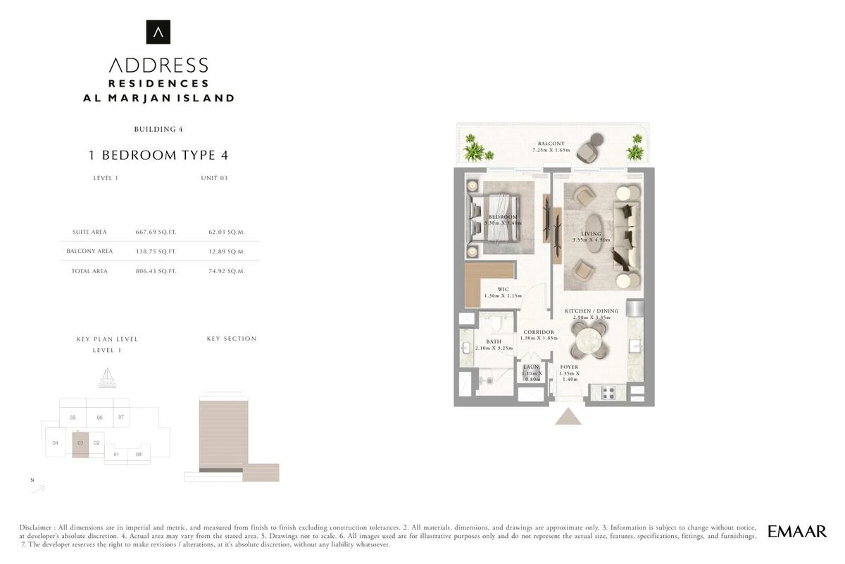 Address Residences Al Marjan Island 1-bedroom Type 4 apartment Level 1 floor plan in Building 4, 806.43 sq ft.