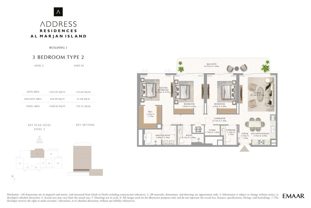 Address Residences Al Marjan Island 3-bedroom Type 2 apartment Level 2 floor plan in Building 1, 1,658.93 sq ft.
