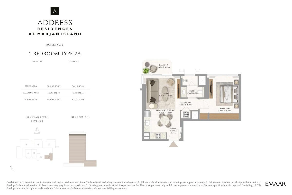 Address Residences Al Marjan Island 1-bedroom Type 2A apartment Level 20 floor plan in Building 2, 659.93 sq ft.