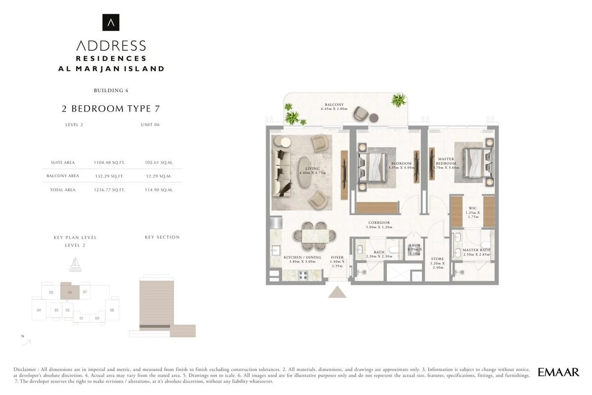 Address Residences Al Marjan Island 2-bedroom Type 7 apartment Level 2 floor plan in Building 4, 1,236.77 sq ft.