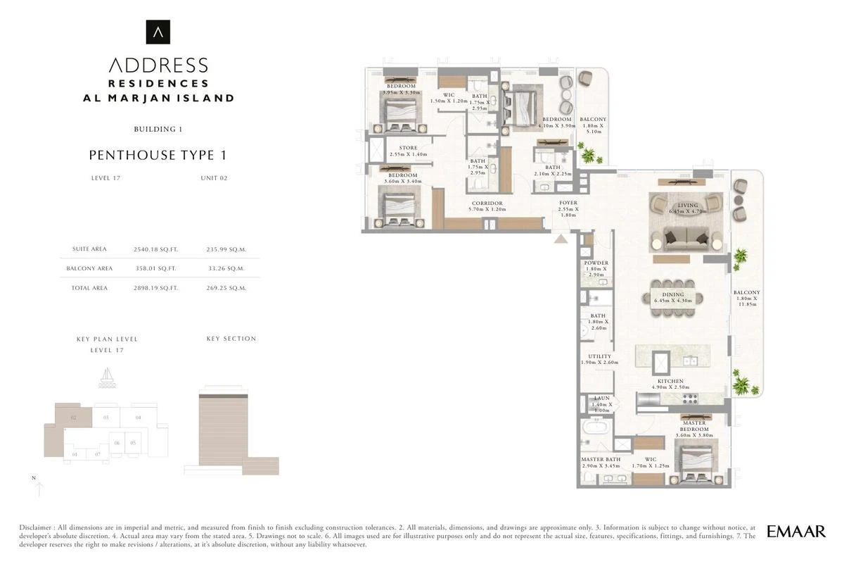 Address Residences Al Marjan Island 4-bedroom Penthouse Type 1 apartment Level 17 floor plan in Building 1, 2,898.19 sq ft.