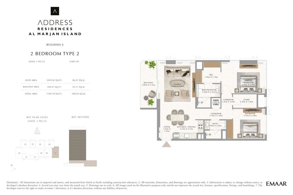 Address Residences Al Marjan Island 2-bedroom Type 2 apartment Level 3 to 23 floor plan in Building 6, 1,169.39 sq ft.