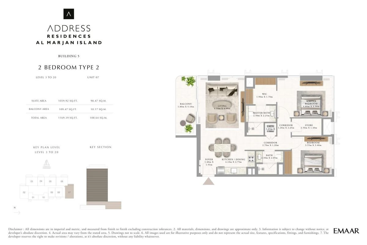 Address Residences Al Marjan Island 2-bedroom Type 2 apartment Level 3 to 20 floor plan in Building 5, 1,169.39 sq ft.