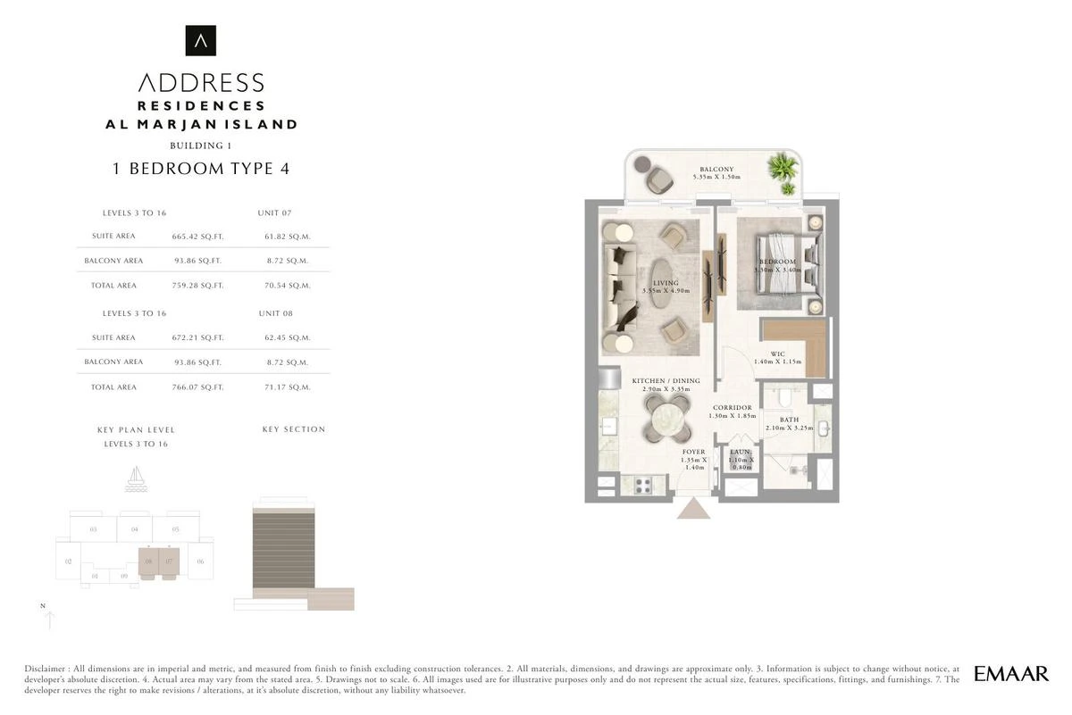 Address Residences Al Marjan Island 1-bedroom Type 4 apartment Level 3 to 16 floor plan in Building 1, 759.28-766.07 sq ft.