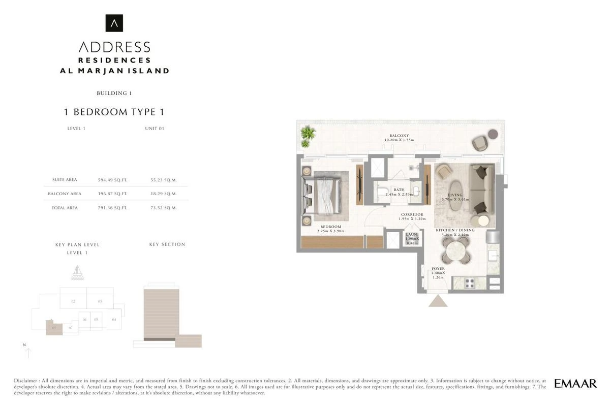 Address Residences Al Marjan Island 1-bedroom Type 1 apartment Level 1 floor plan in Building 1, 791.36 sq ft.