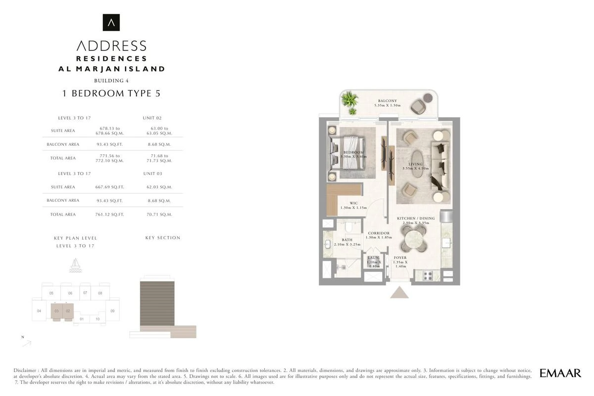 Address Residences Al Marjan Island 1-bedroom Type 5 apartment Level 3 to 17 floor plan in Building 4, 761.12 sq ft.