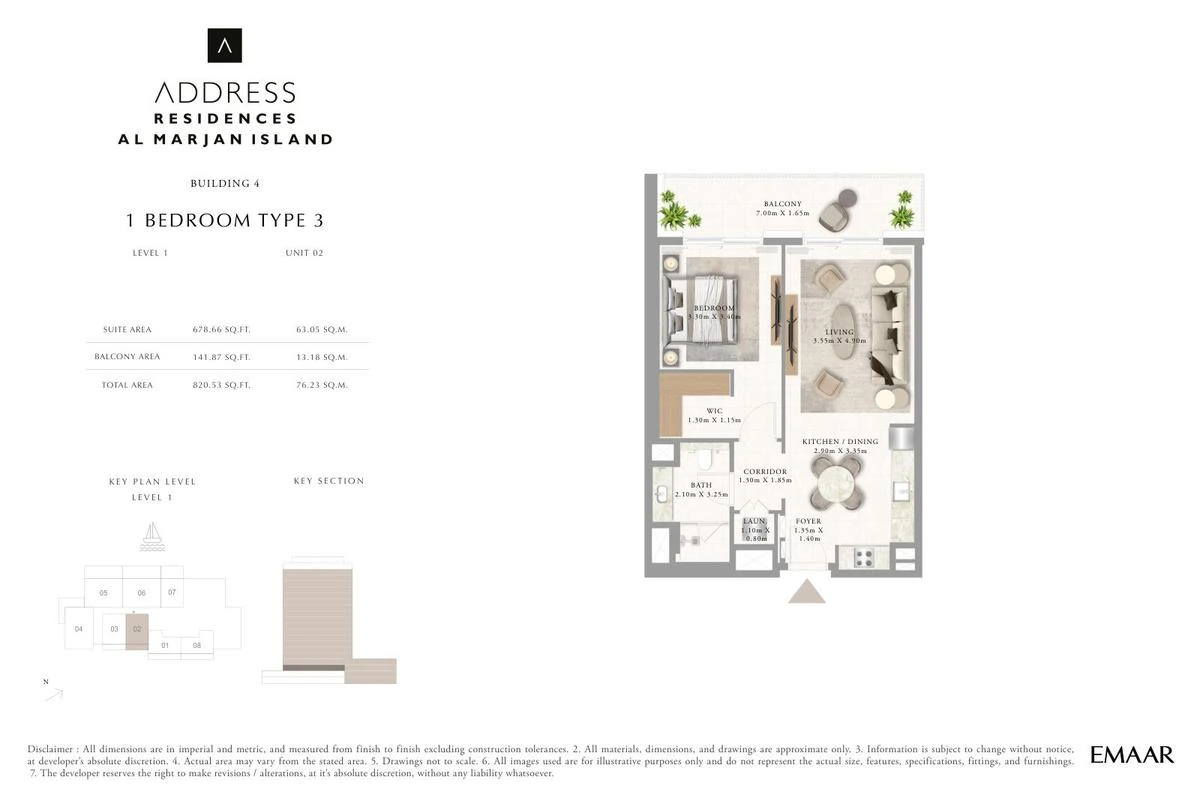 Address Residences Al Marjan Island 1-bedroom Type 3 apartment Level 1 floor plan in Building 4, 820.53 sq ft.