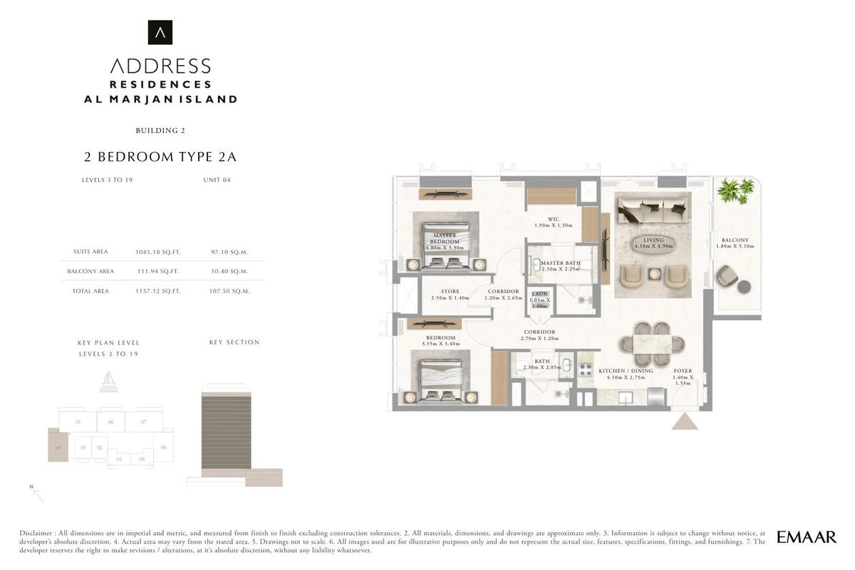 Address Residences Al Marjan Island 2-bedroom Type 2A apartment Level 3 to 19 floor plan in Building 2, 1,157.12 sq ft.