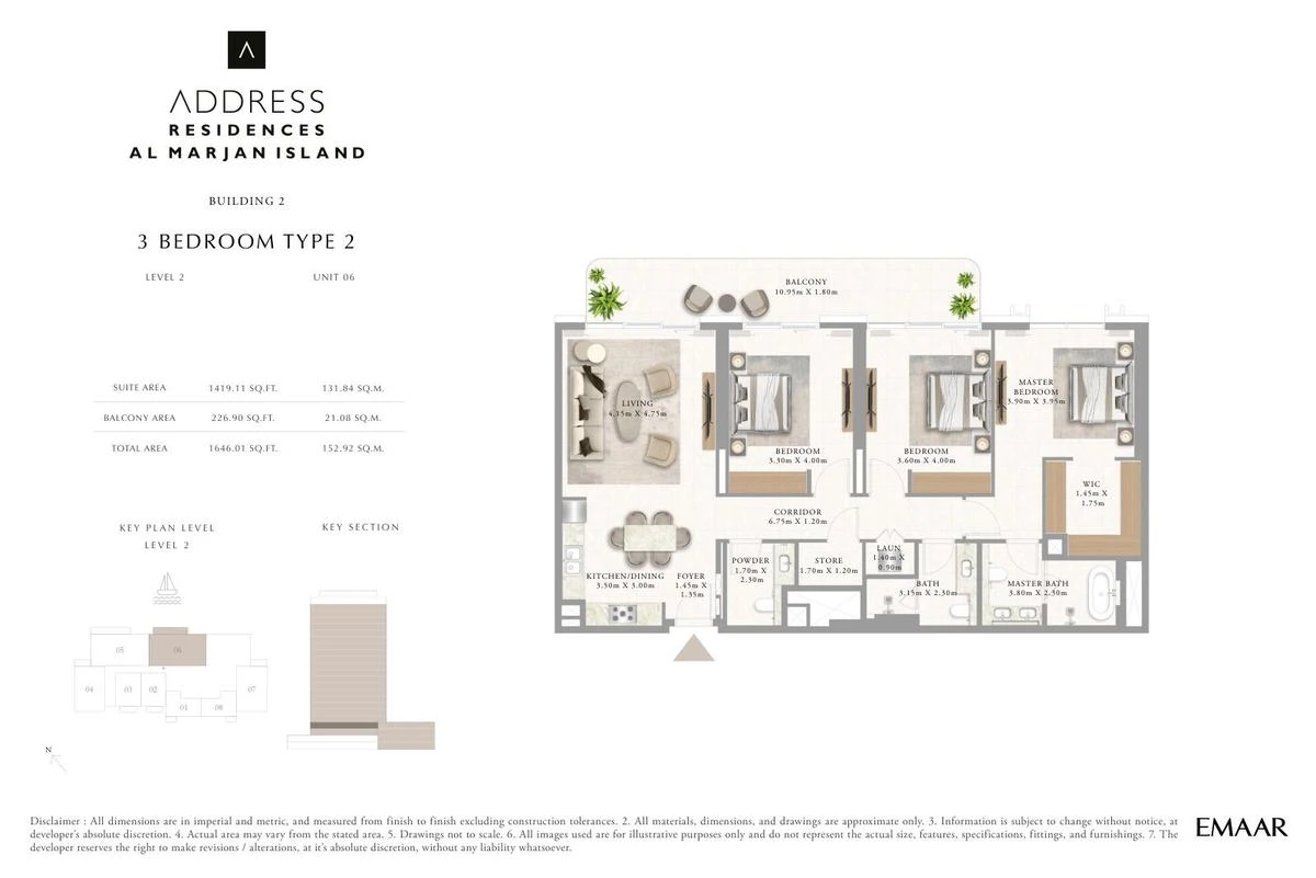 Address Residences Al Marjan Island 3-bedroom Type 2 apartment Level 2 floor plan in Building 2, 1,646.01 sq ft.