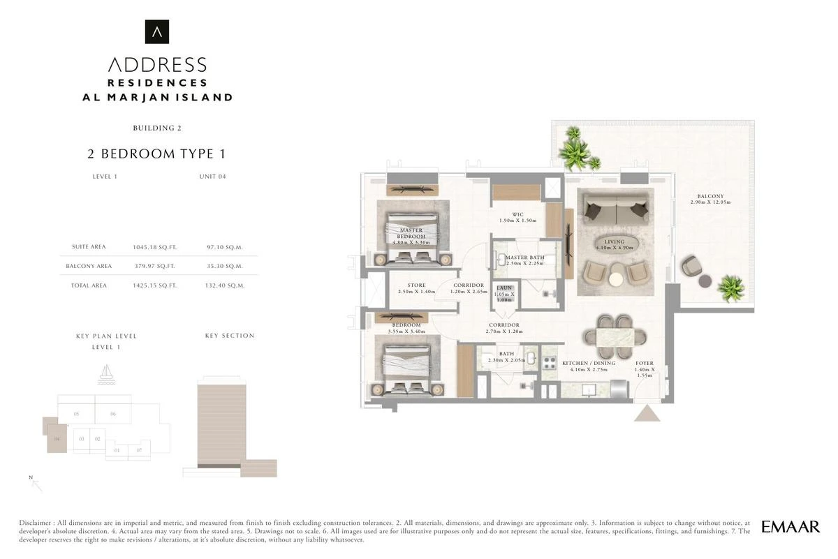 Address Residences Al Marjan Island 2-bedroom Type 1 apartment Level 1 floor plan in Building 2, 1,425.15 sq ft.