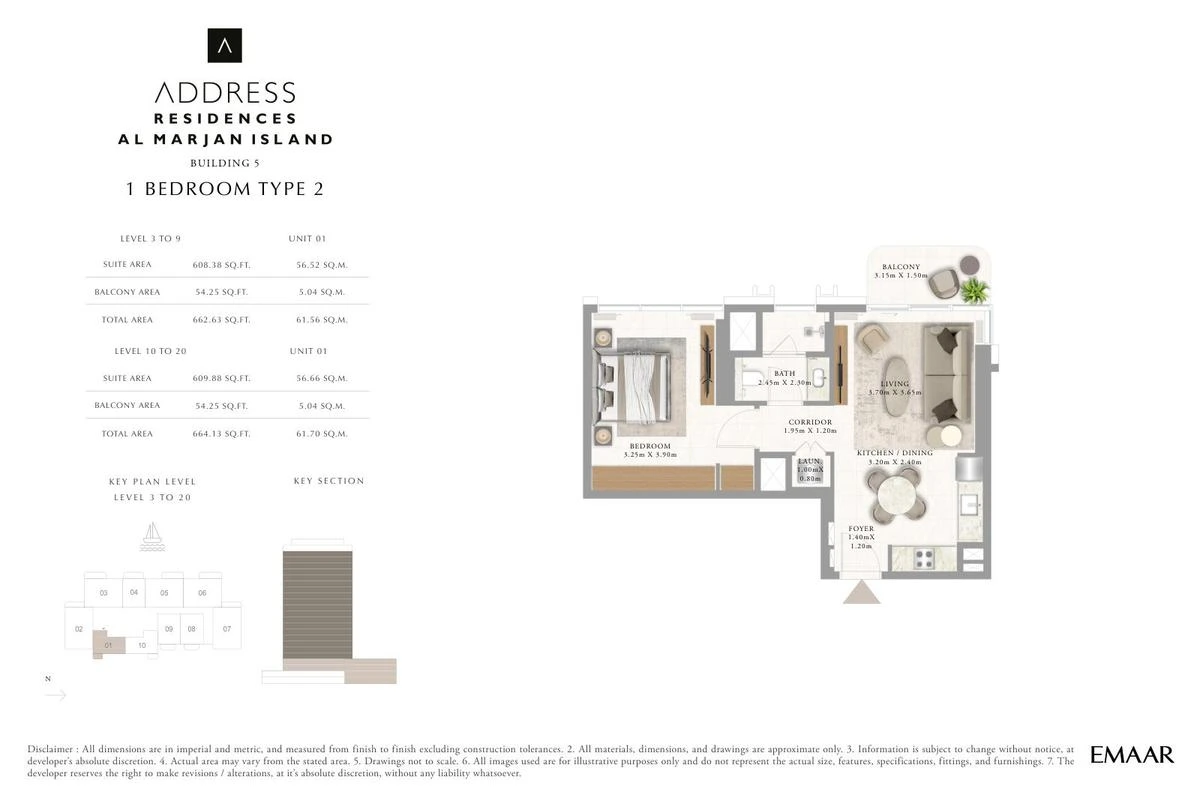 Address Residences Al Marjan Island 1-bedroom Type 2 apartment Levels 3 to 9 and 10 to 20 floor plan in Building 5, 662.63-664.13 sq ft.