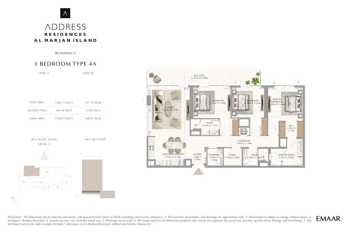 Address Residences Al Marjan Island 3-bedroom Type 4A apartment Level 2 floor plan in Building 2, 1,728.79 sq ft.