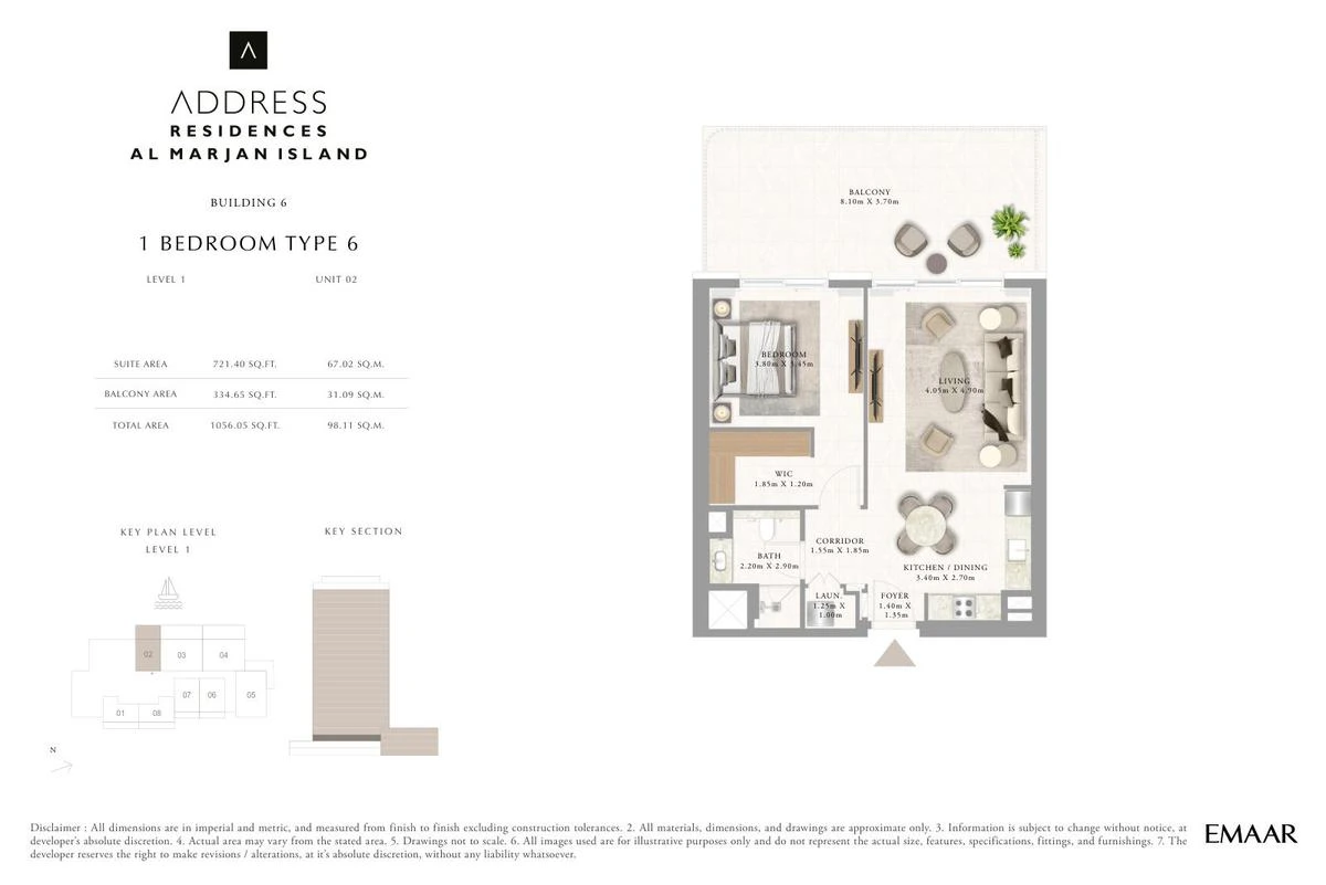 Address Residences Al Marjan Island 1-bedroom Type 6 apartment Level 1 floor plan in Building 6, 1,056.05 sq ft.