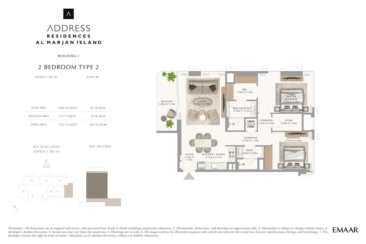 Address Residences Al Marjan Island 2-bedroom Type 2 apartment Level 3 to 16 floor plan in Building 1, 1,157.77 sq ft.