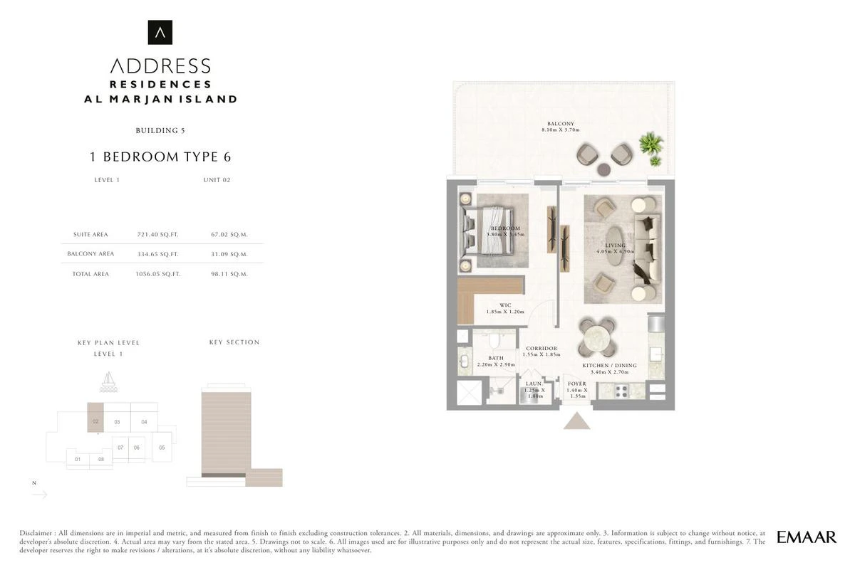Address Residences Al Marjan Island 1-bedroom Type 6 apartment Level 1 floor plan in Building 5, 1,056.05 sq ft.