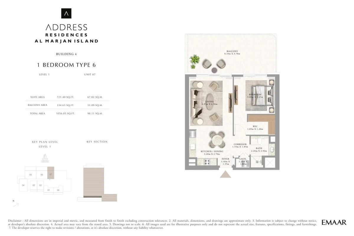 Address Residences Al Marjan Island 1-bedroom Type 6 apartment Level 1 floor plan in Building 4, 1,056.05 sq ft.