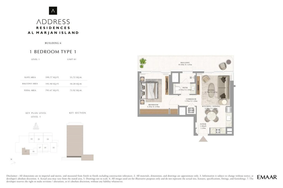 Address Residences Al Marjan Island 1-bedroom Type 1 apartment Level 1 floor plan in Building 6, 795.67 sq ft.