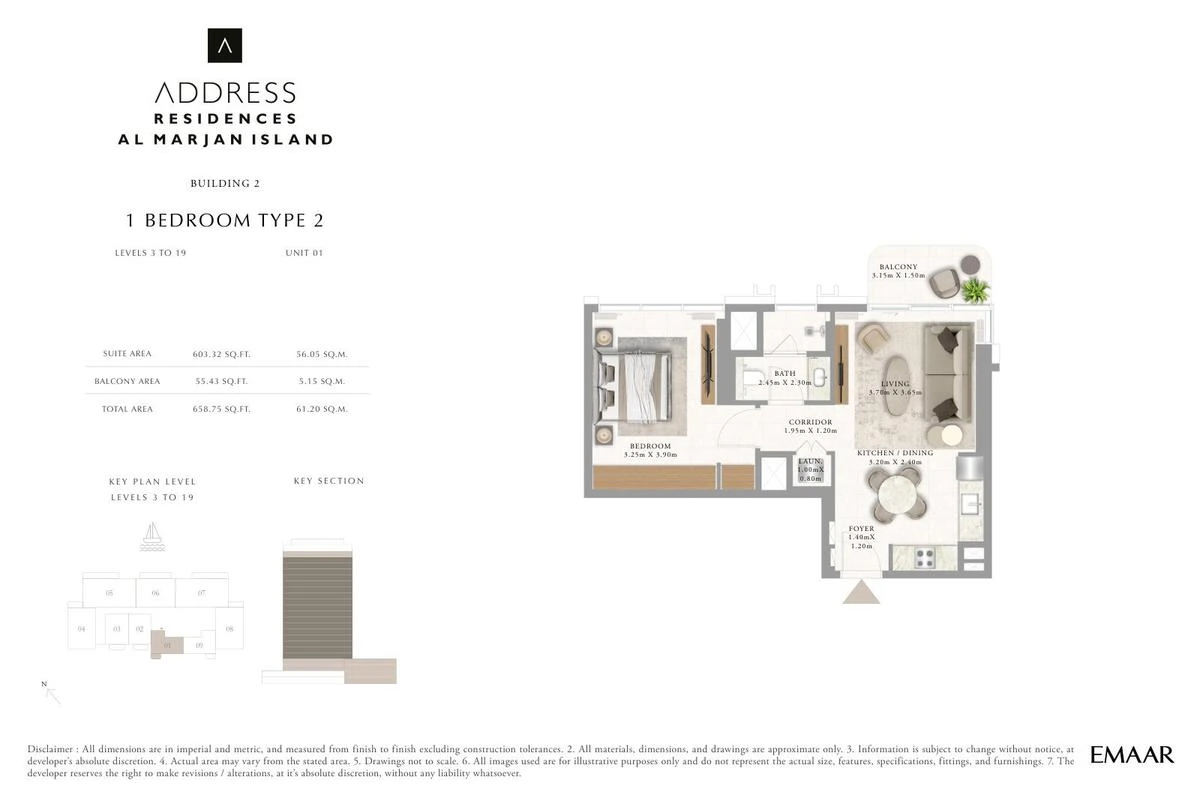 Address Residences Al Marjan Island 1-bedroom Type 2 apartment Level 3 to 19 floor plan in Building 2, 658.75 sq ft.