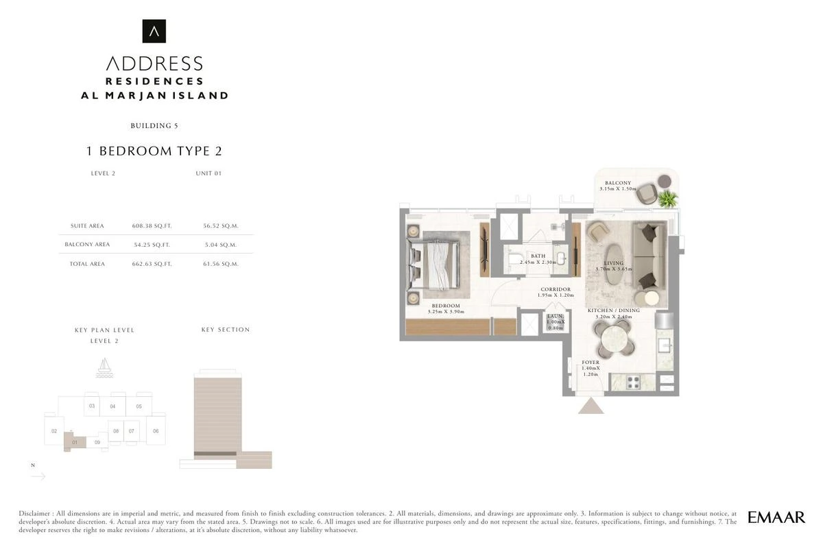 Address Residences Al Marjan Island 1-bedroom Type 2 apartment Level 2 floor plan in Building 5, 662.63 sq ft.